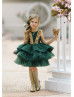 Gold Sequin Green Satin V Back Layered Flower Girl Dress